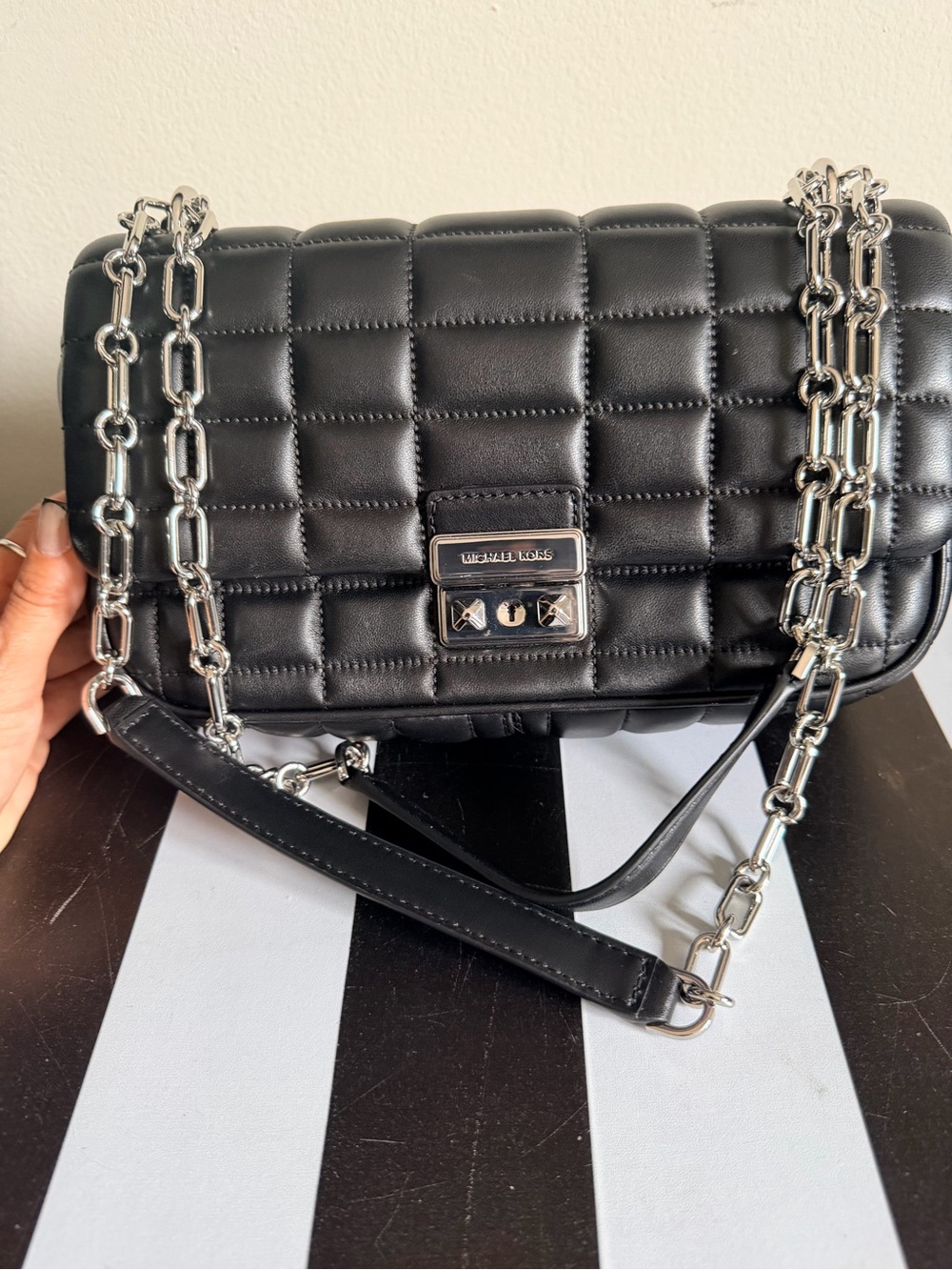 Authentic Michael Kors Black Quilted Shoulder Bag with Silver Chain